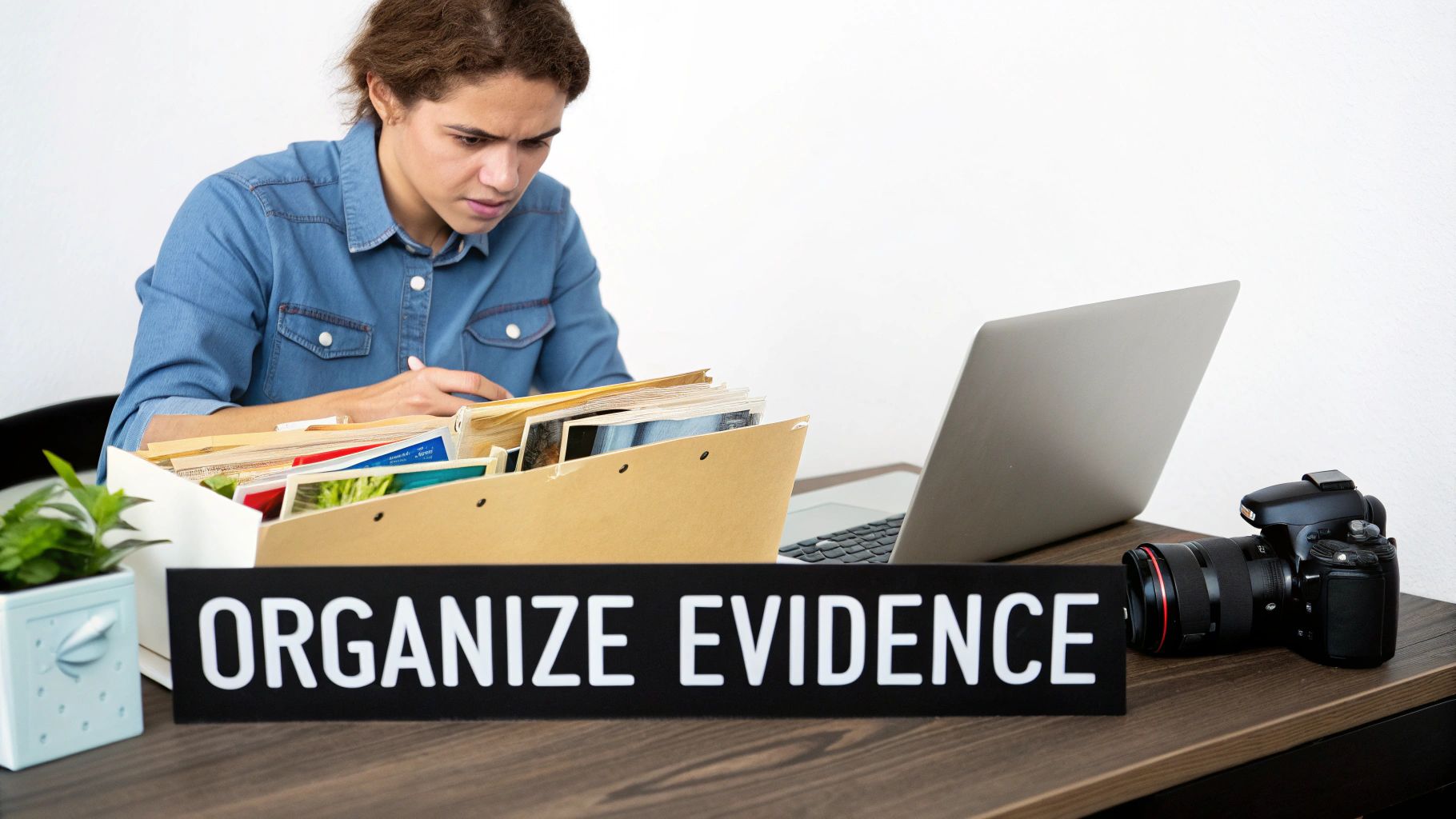 A focused woman organizing physical evidence files in a box at a desk with a laptop and camera.