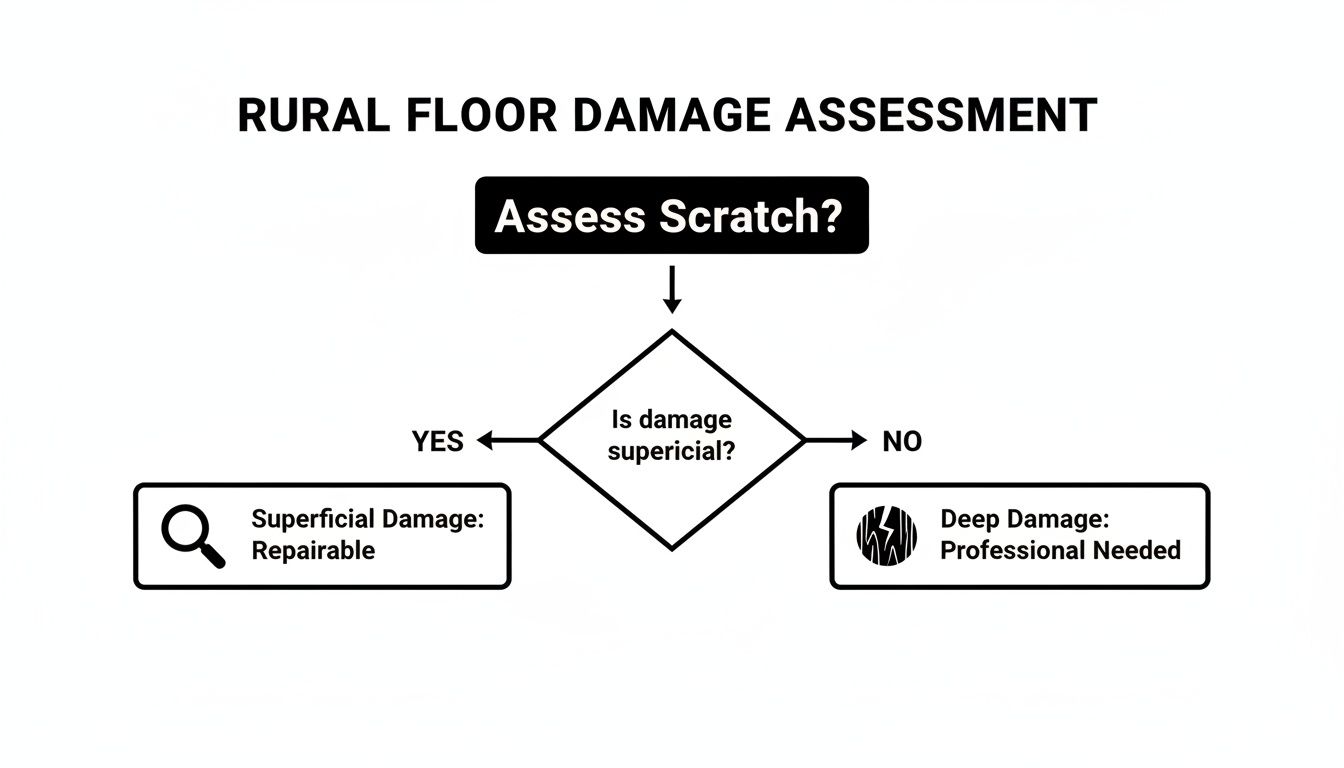 A flowchart detailing rural floor damage assessment, categorizing scratches as superficial (repairable) or deep (requiring a professional).