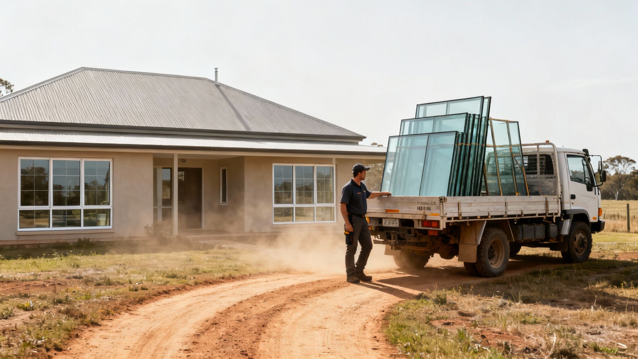 Man with a truck full of large glass panels arriving at a new house construction site.