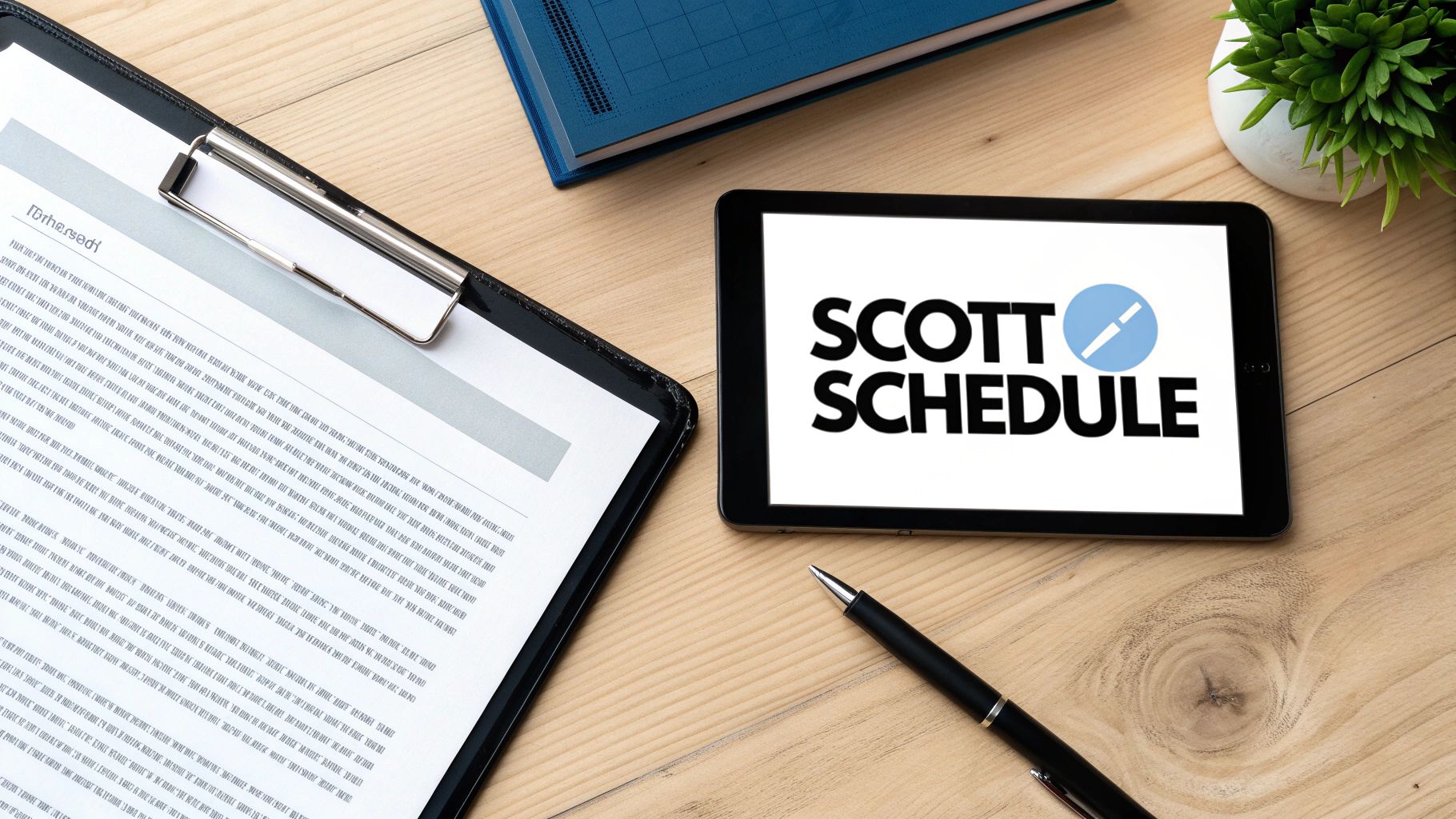 A Scott Schedule document being reviewed with building plans in the background.