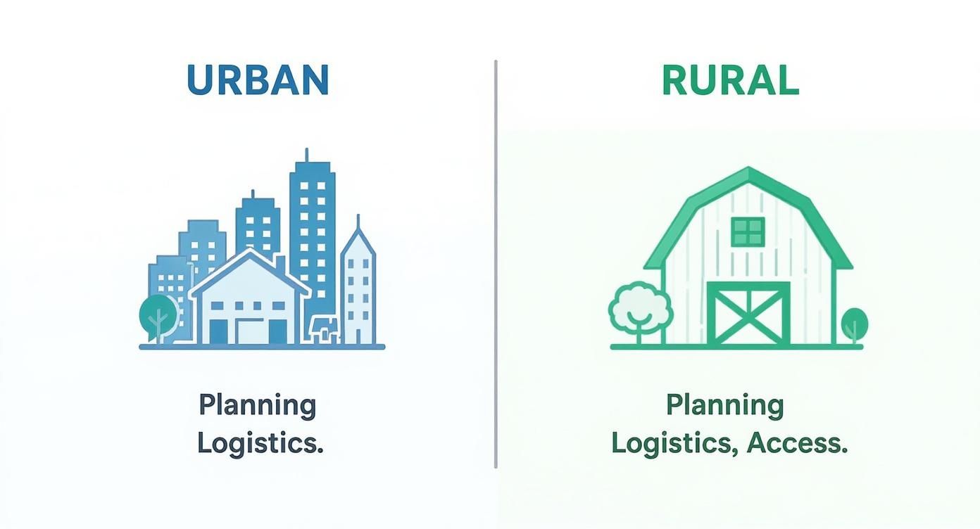 Urban versus rural planning comparison showing city buildings and barn with logistics and access considerations
