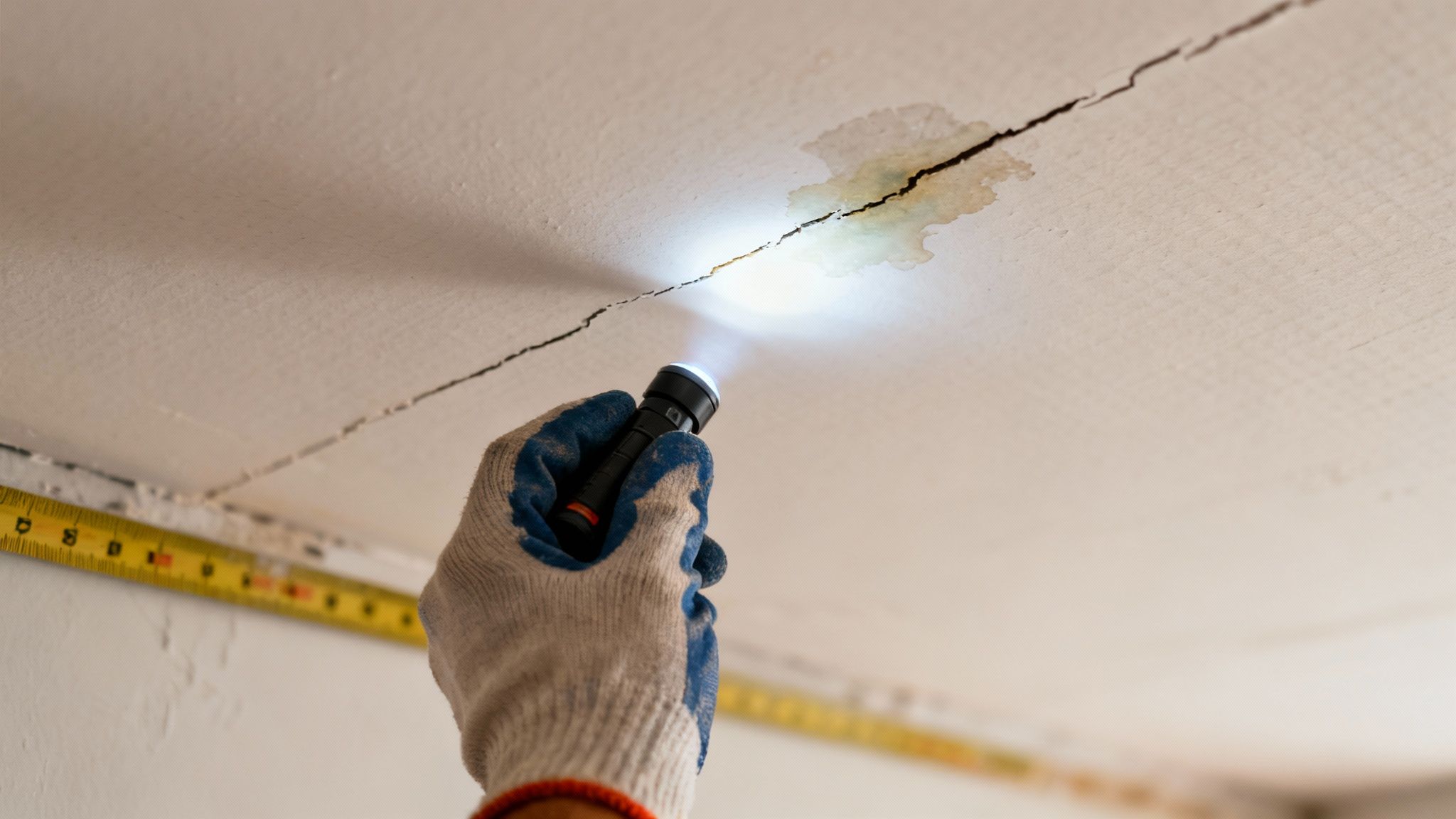 Gloved hand uses a flashlight to inspect a plasterboard ceiling crack with a water leak stain.