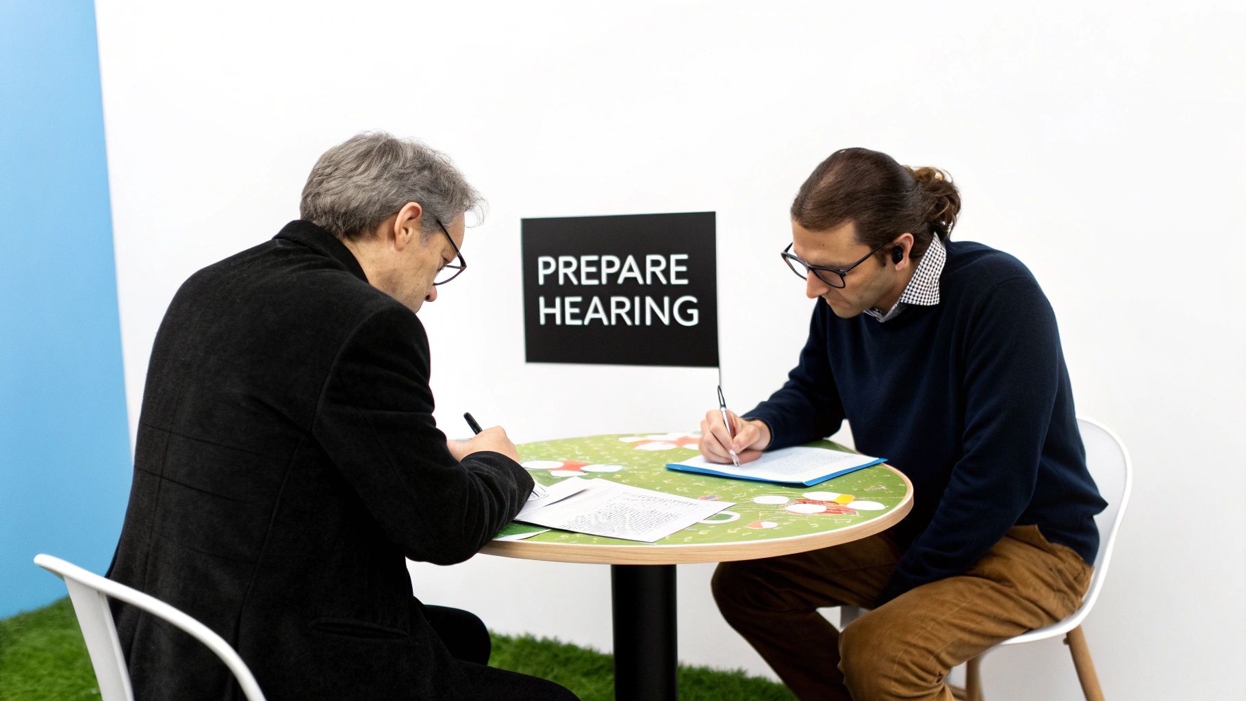 Two men wearing glasses write notes at a green table, with a 'PREPARE HEARING' sign visible.