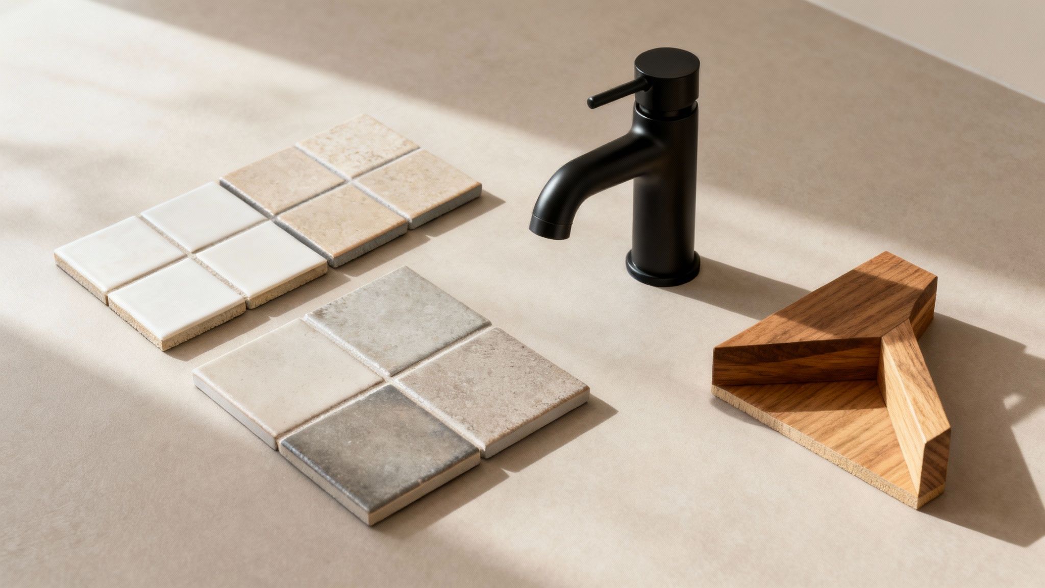 Bathroom design samples laid out, including various textured tiles, a sleek matte black faucet, and a modern wooden accessory.