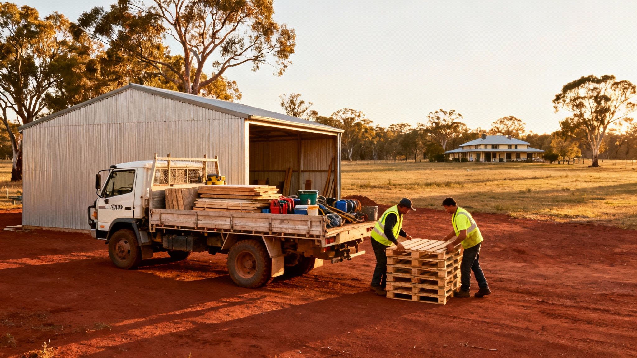 A well-maintained rural property with a shed and house in a green field under a blue sky.