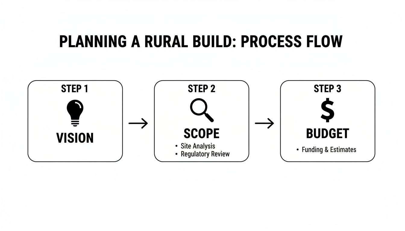A three-step process flow diagram illustrating planning a rural build: vision, scope, and budget.