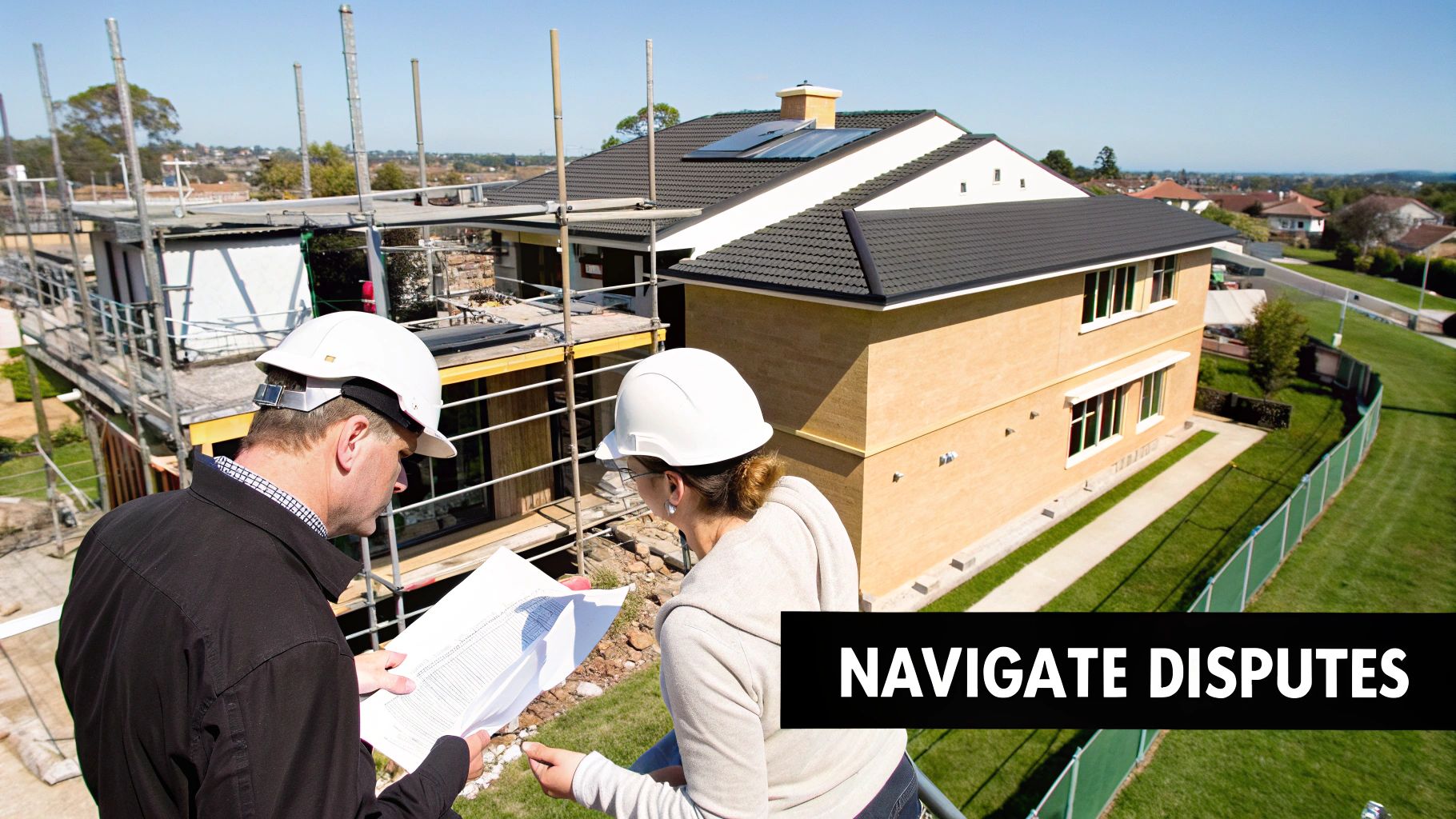 Two building consultants in hard hats reviewing blueprints at a house construction site with solar panels.