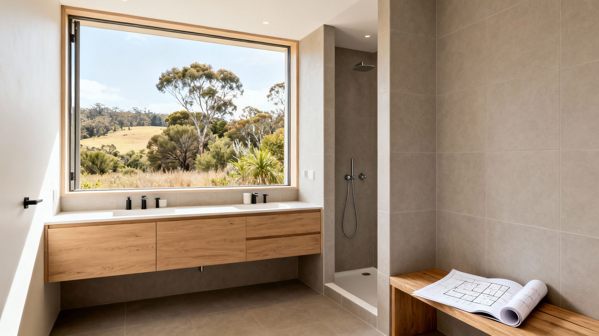 Modern bathroom with double vanity, walk-in shower, and large window overlooking a natural landscape.