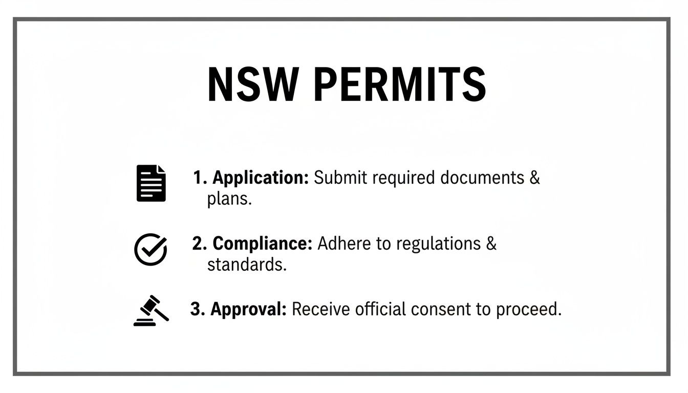 Diagram illustrating the three steps for NSW Permits: Application, Compliance, and Approval process.