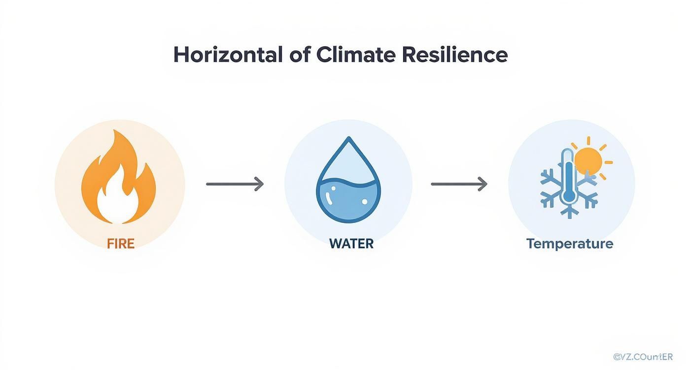 Climate resilience horizontal diagram showing progression from fire to water to temperature regulation icons