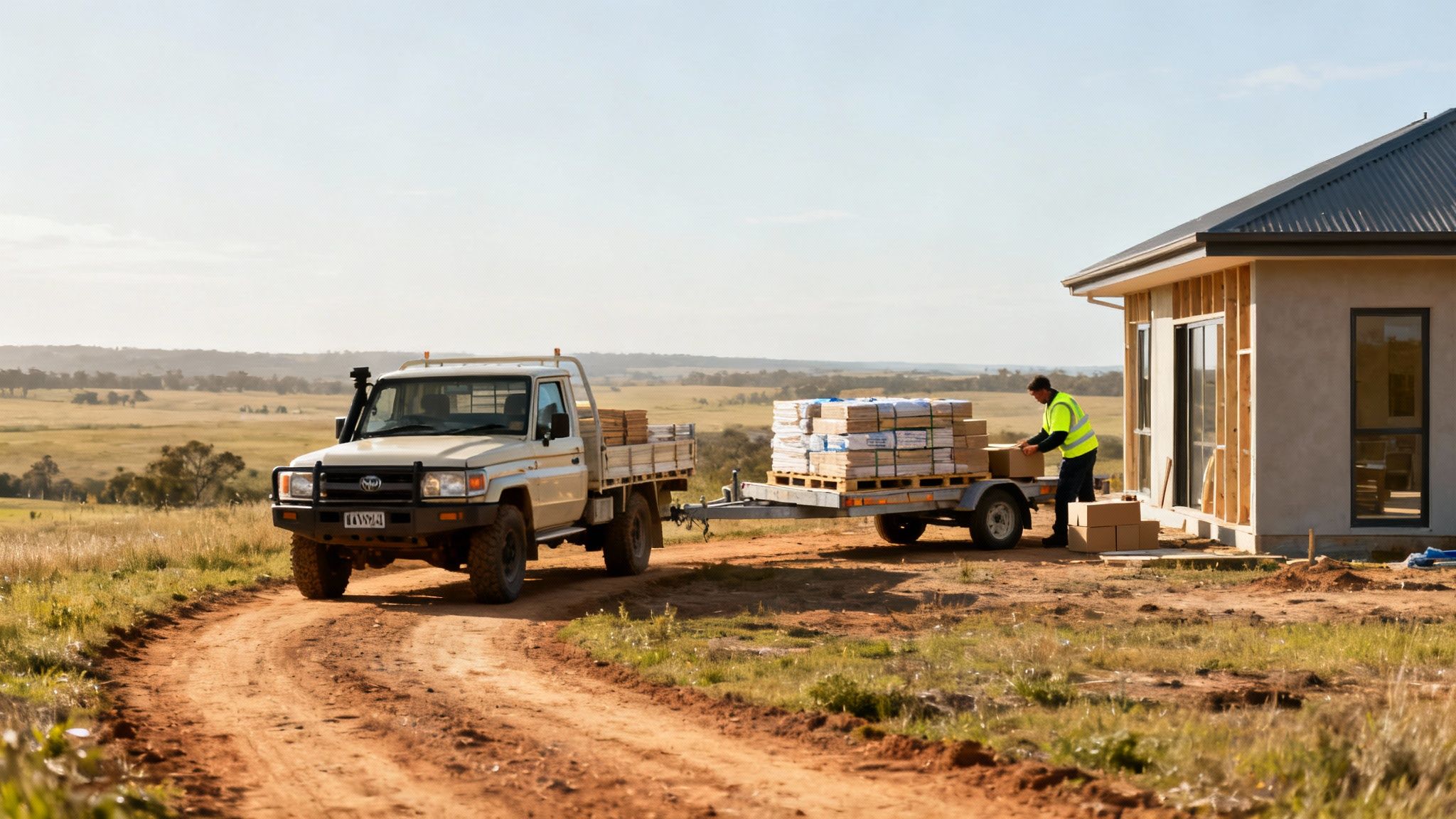 Construction worker unloading building materials at remote rural house site with truck and trailer