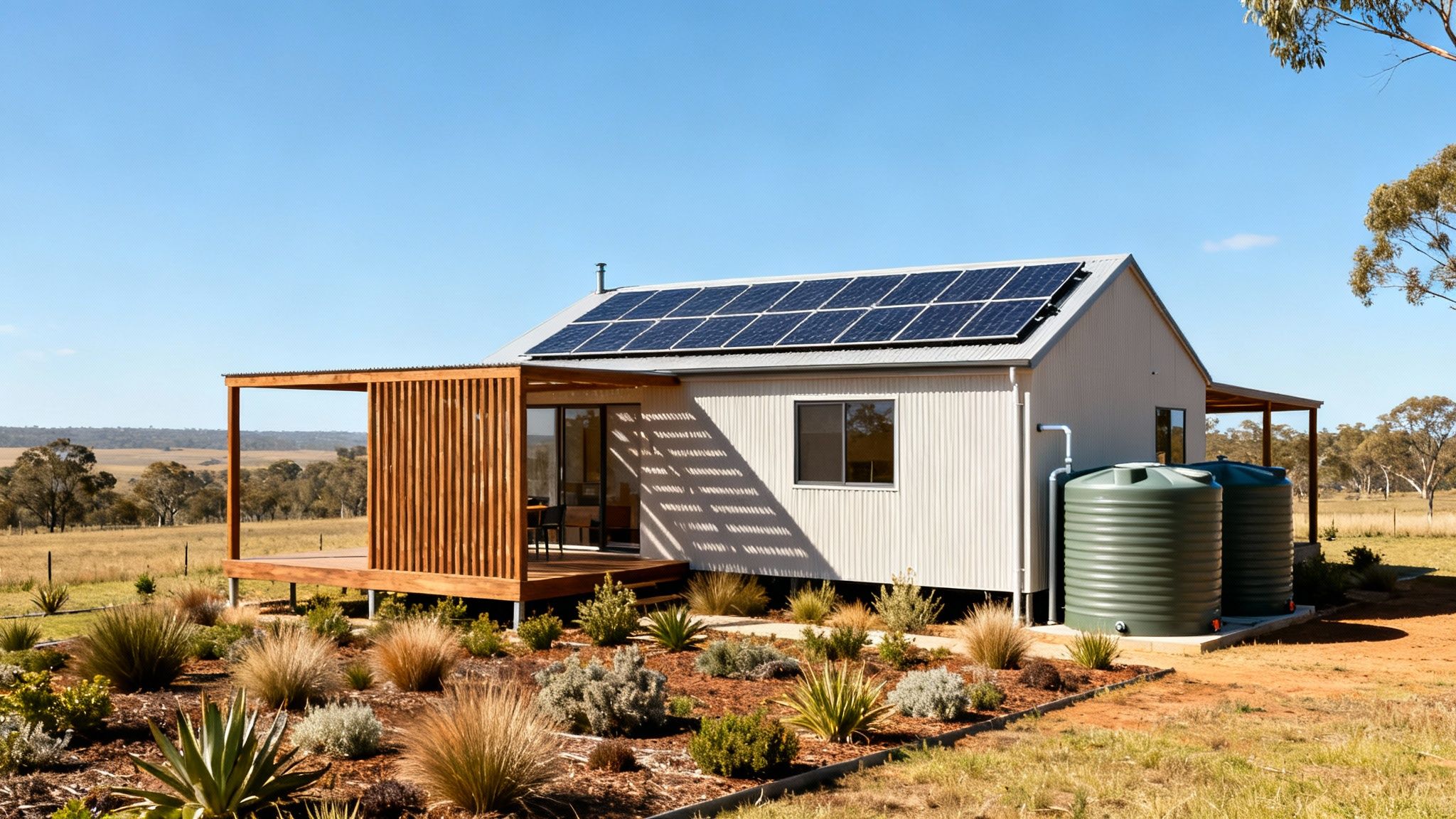 Modern off-grid house with solar panels and water tanks in a rural Australian landscape.
