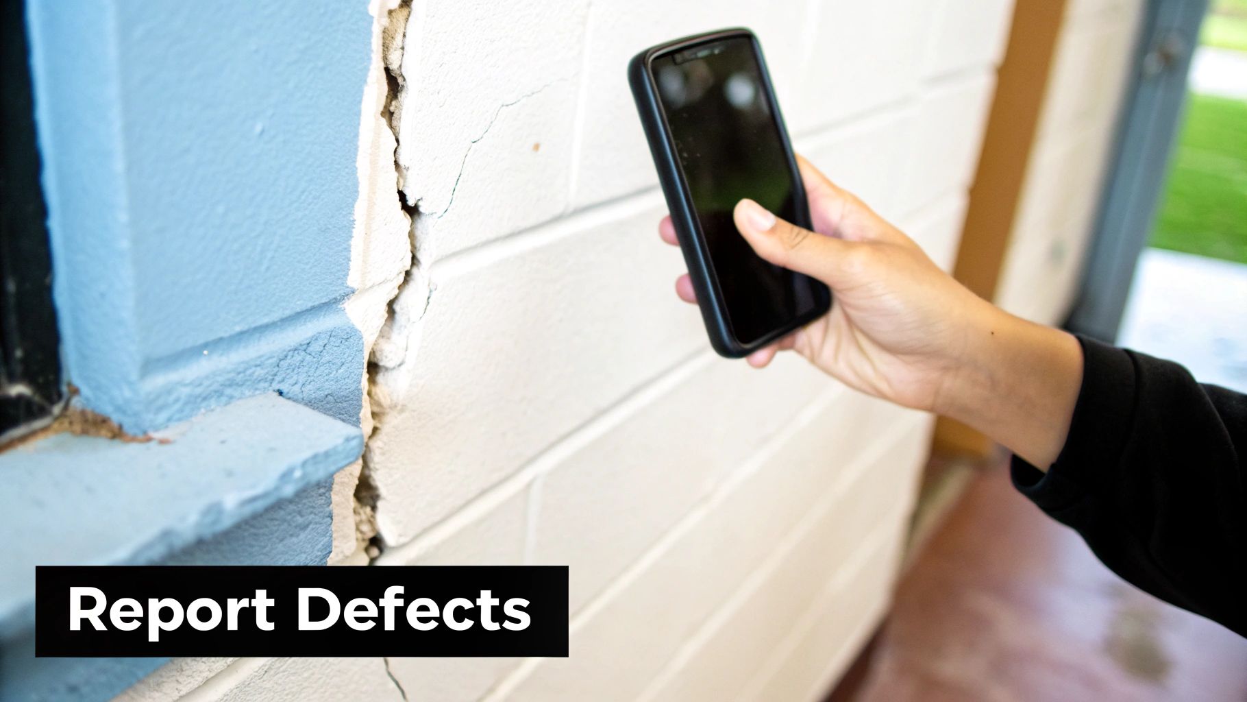 A person taking a photo of a cracked wall with their smartphone to document a defect.
