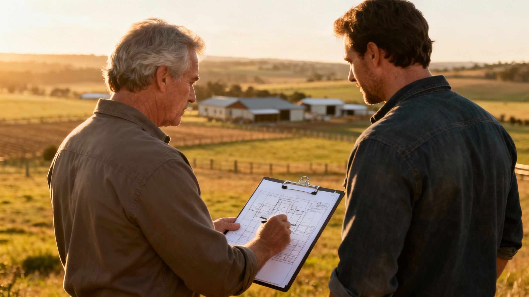 Two men, one older, discussing building plans on a clipboard in a rural country landscape at sunset.