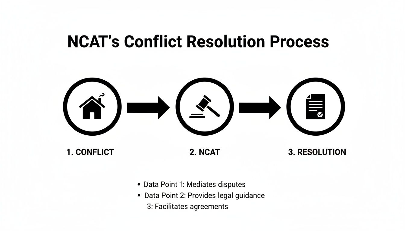 Flowchart illustrating NCAT's conflict resolution process, detailing how it mediates disputes and provides legal guidance for resolution.