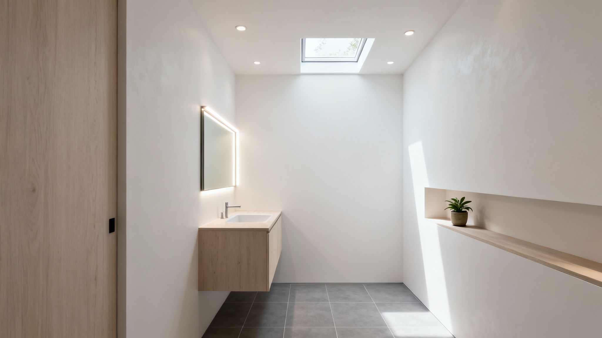 Minimalist bathroom featuring a floating wood vanity, illuminated mirror, skylight, and a plant on a shelf.