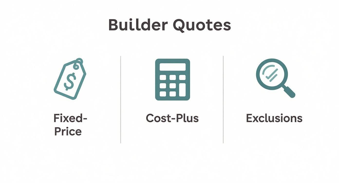 Infographic showing a side-by-side comparison of different components of builder quotes, including Fixed-Price, Cost-Plus, and Exclusions.