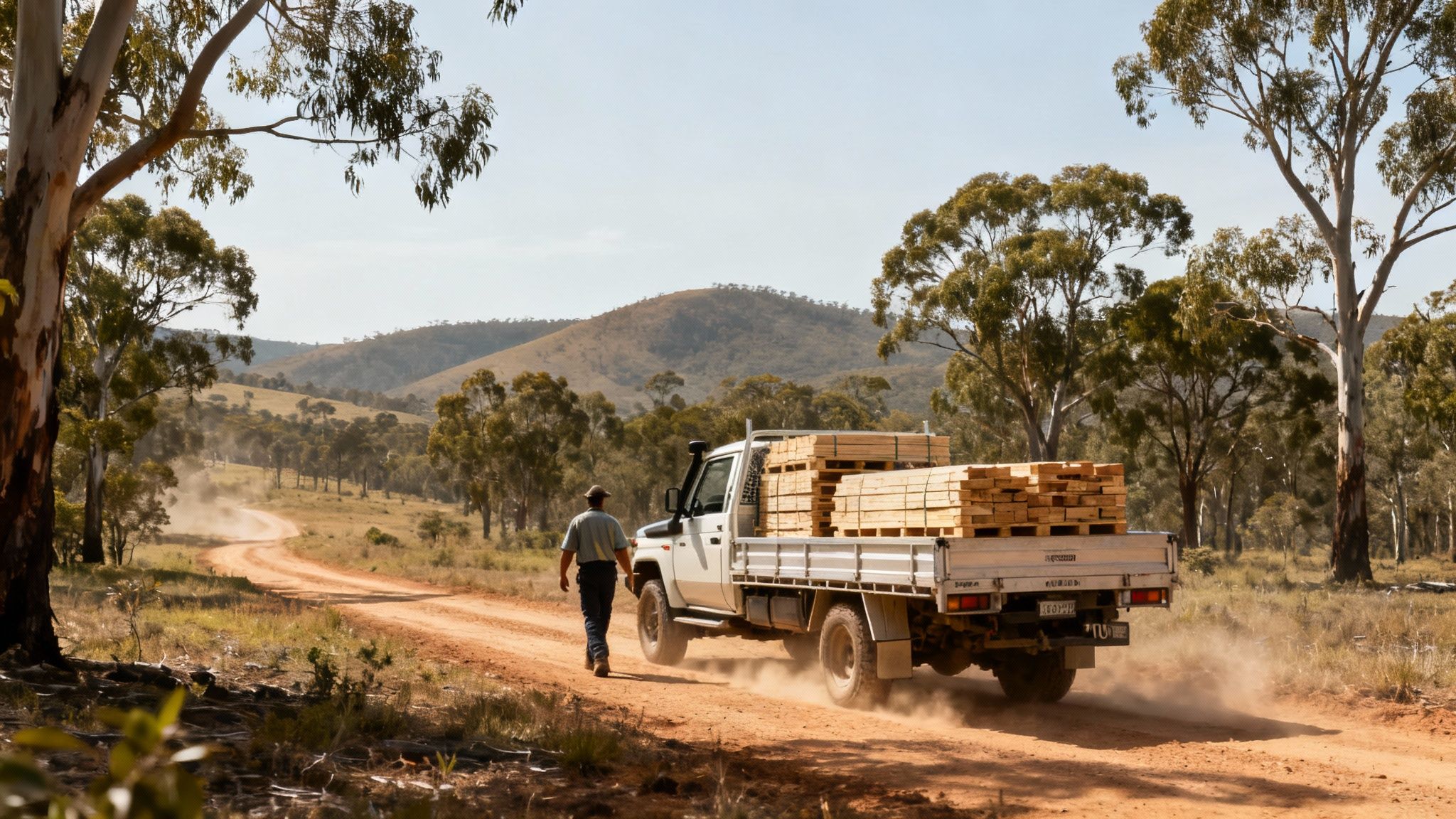 White truck loaded with timber lumber driving on dusty rural road in NSW countryside