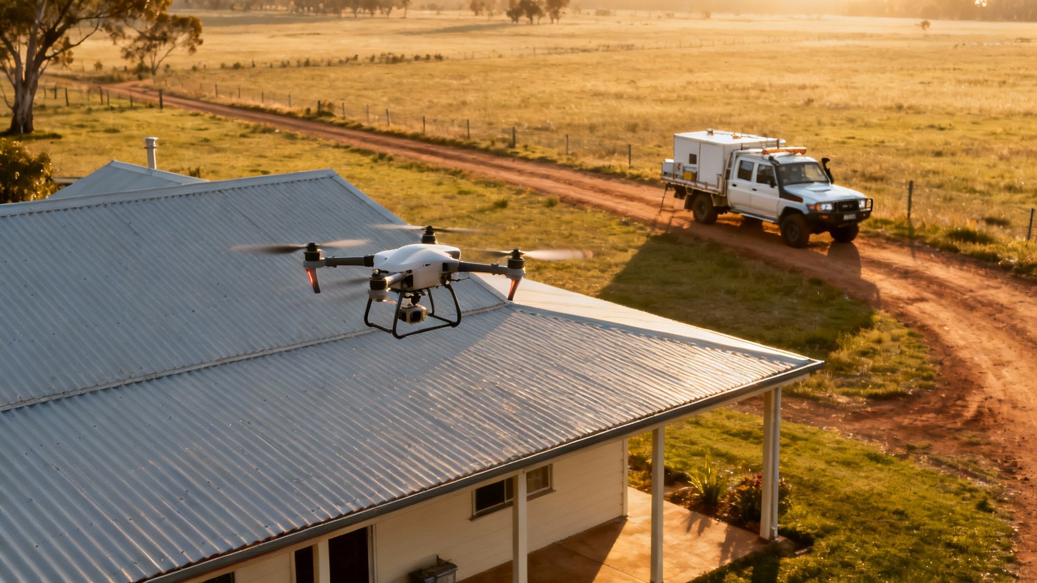 A 4x4 truck parked in a remote, rural setting in New South Wales with a farmhouse in the background.