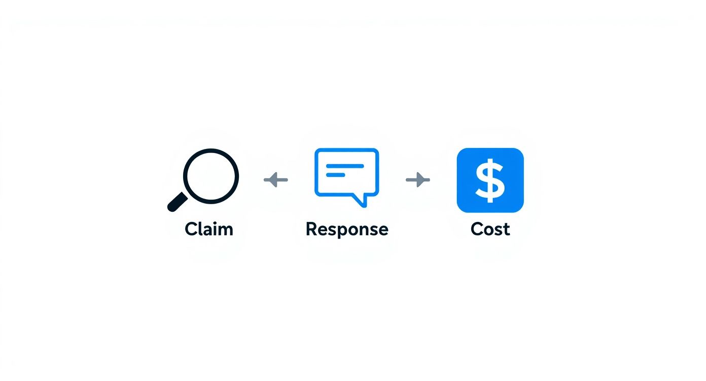 A flowchart showing Claim (magnifying glass), Response (speech bubble), and Cost (dollar sign).