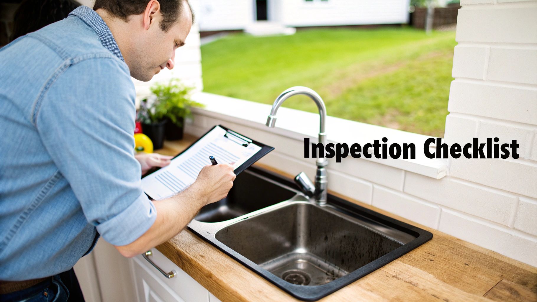A person inspecting the interior of a newly constructed home with a checklist.