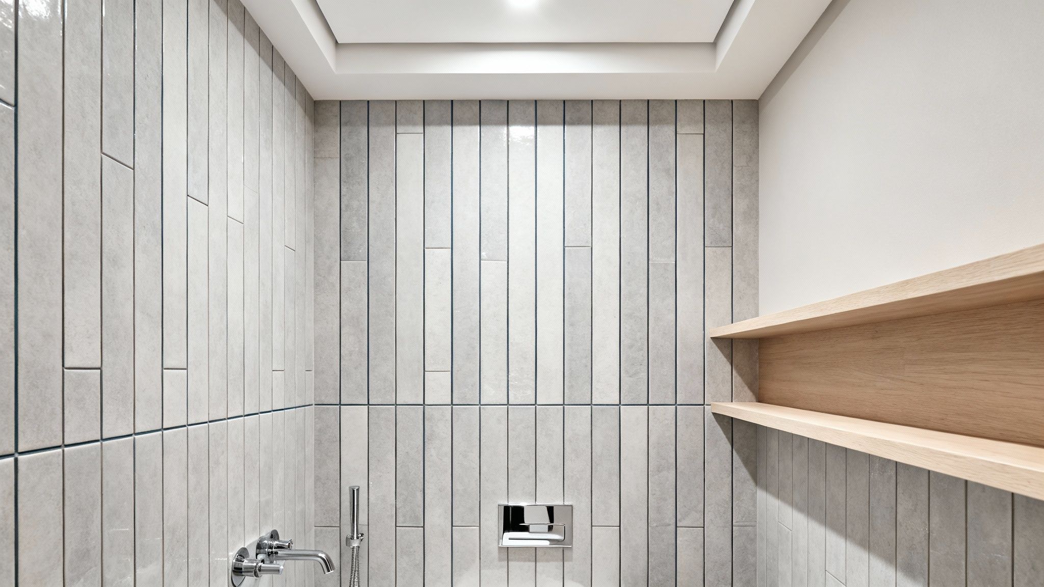A modern small bathroom interior featuring vertical gray tiles, shower fixtures, wood shelves, and recessed lighting.