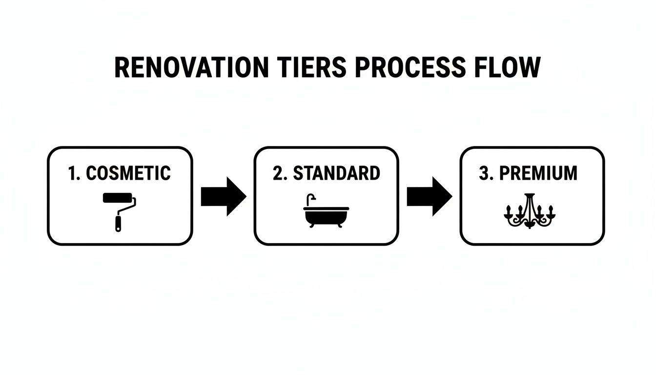 Renovation tiers process flow illustrating cosmetic, standard, and premium stages with respective icons.