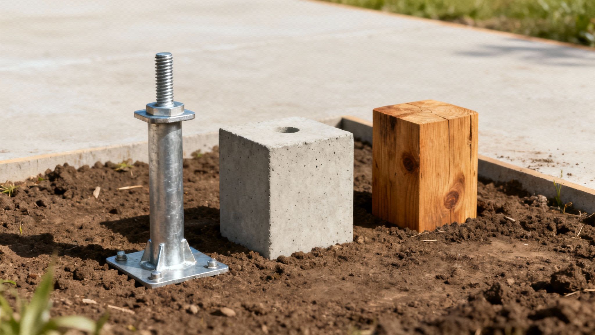 Three different house foundation supports: a metal adjustable post, concrete block, and wooden post.