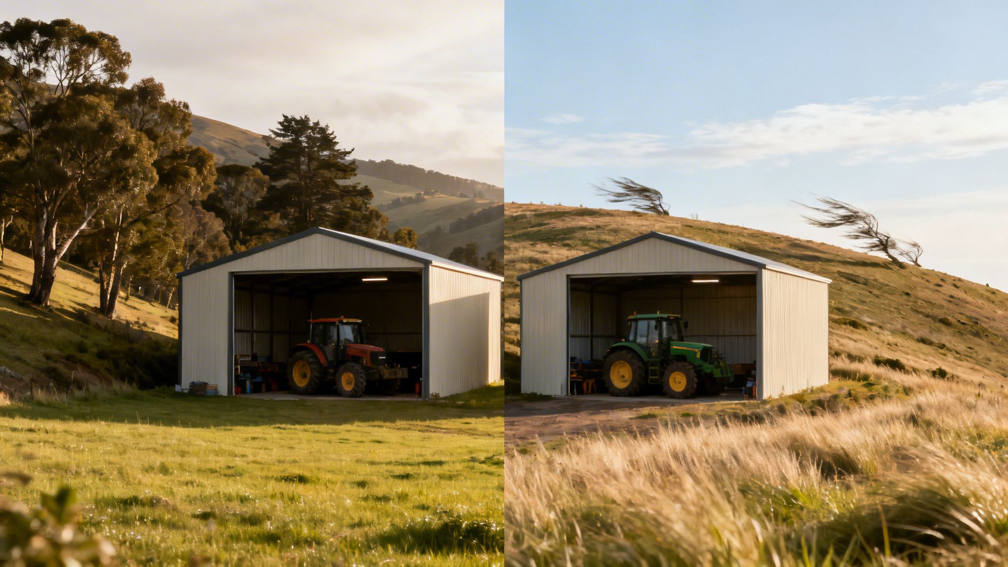 Two metal farm sheds housing tractors, situated on a grassy hillside under different sky conditions.