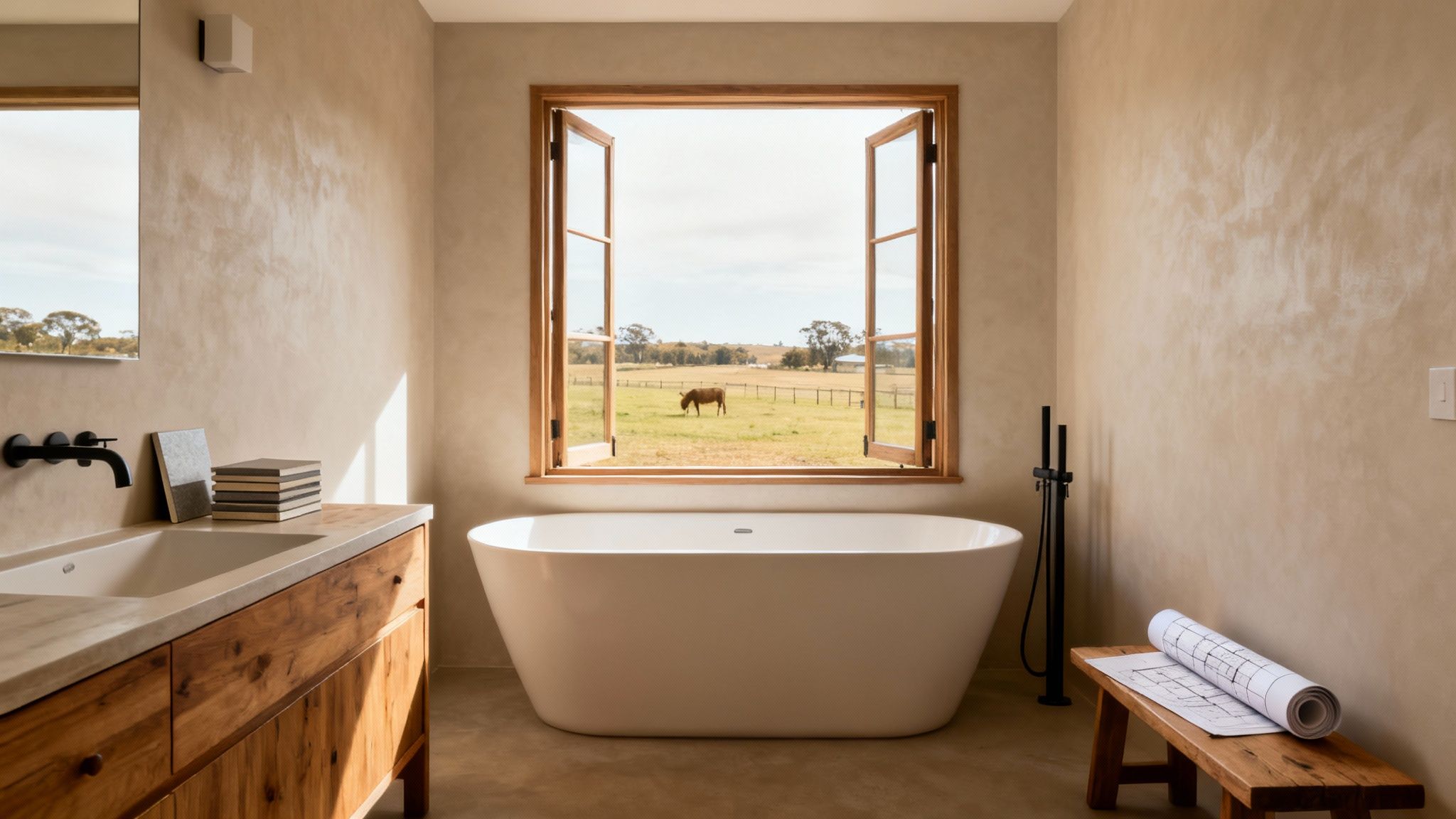 A modern, renovated bathroom in a Tamworth home, featuring a freestanding tub and sleek fixtures.