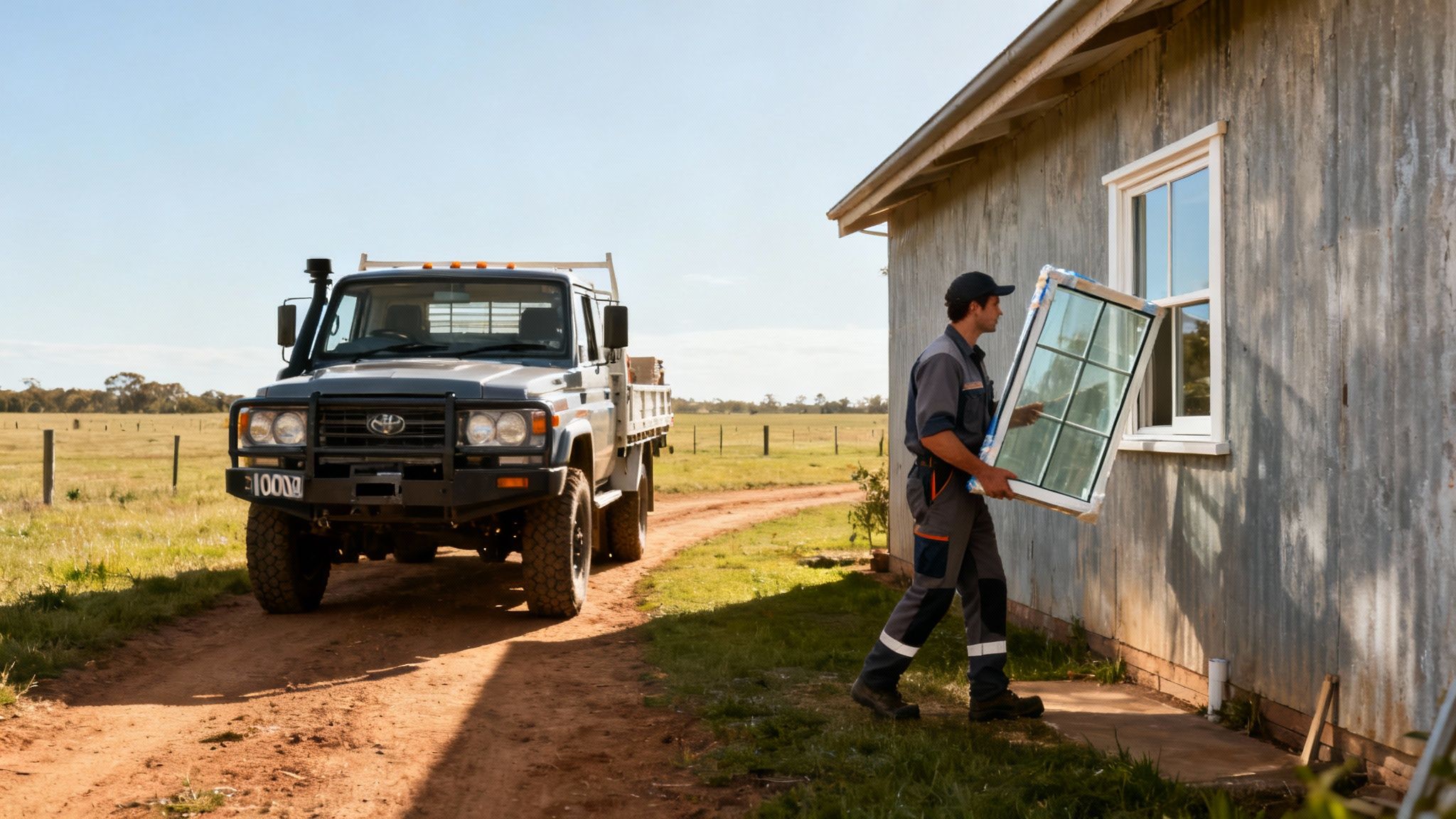 A worker in uniform carries a new double glazing window towards a rural house, with a truck nearby.