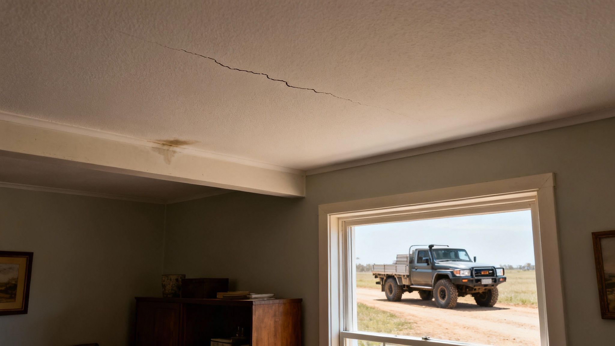 A long crack and water stain on a home ceiling, with a truck visible outside the window.