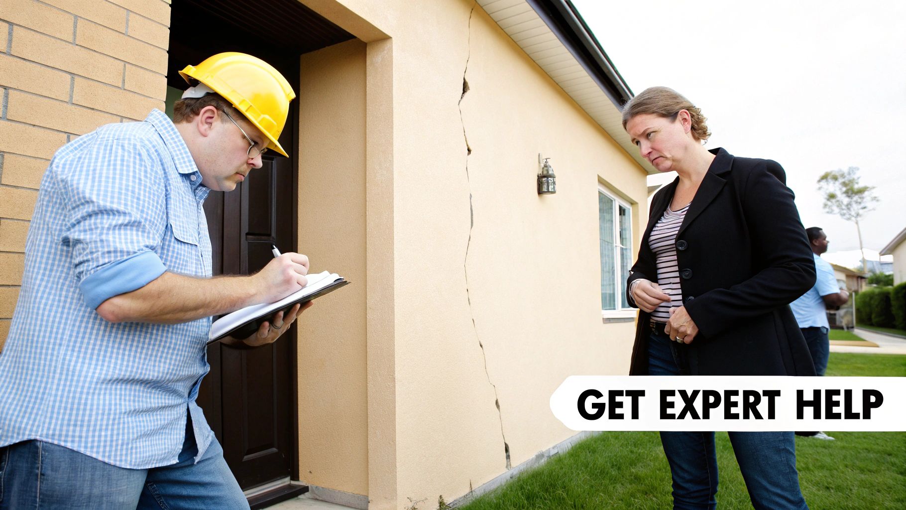 A building consultant in a hard hat inspects a large crack on a house wall, watched by a concerned woman.