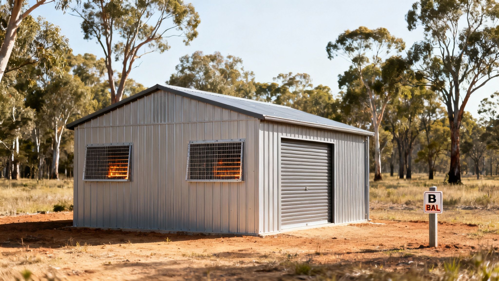 A shed under construction in a scenic but potentially high-risk rural area.
