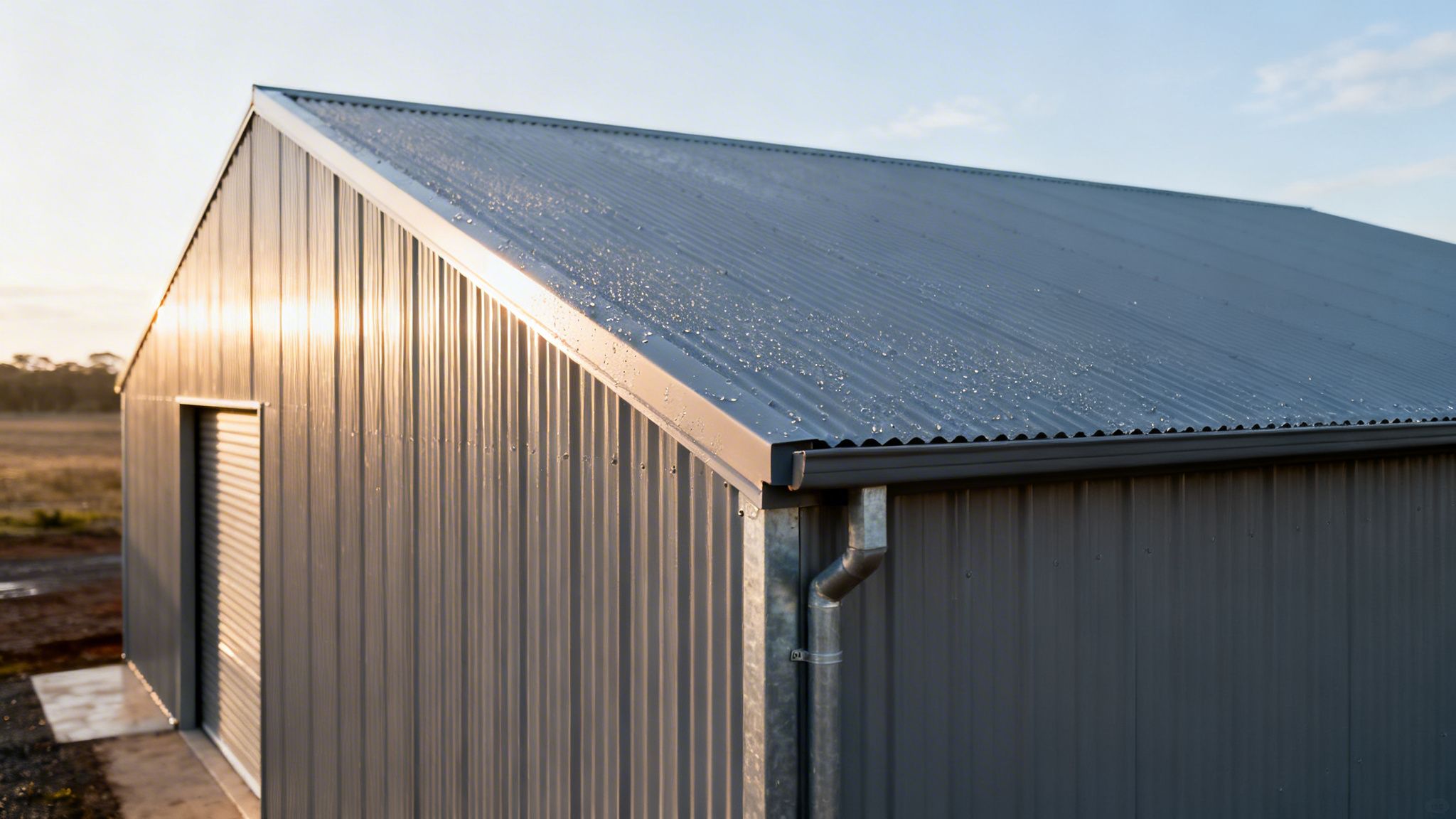 A grey corrugated metal shed with a wet roof and a downspout, glowing in the setting sun.