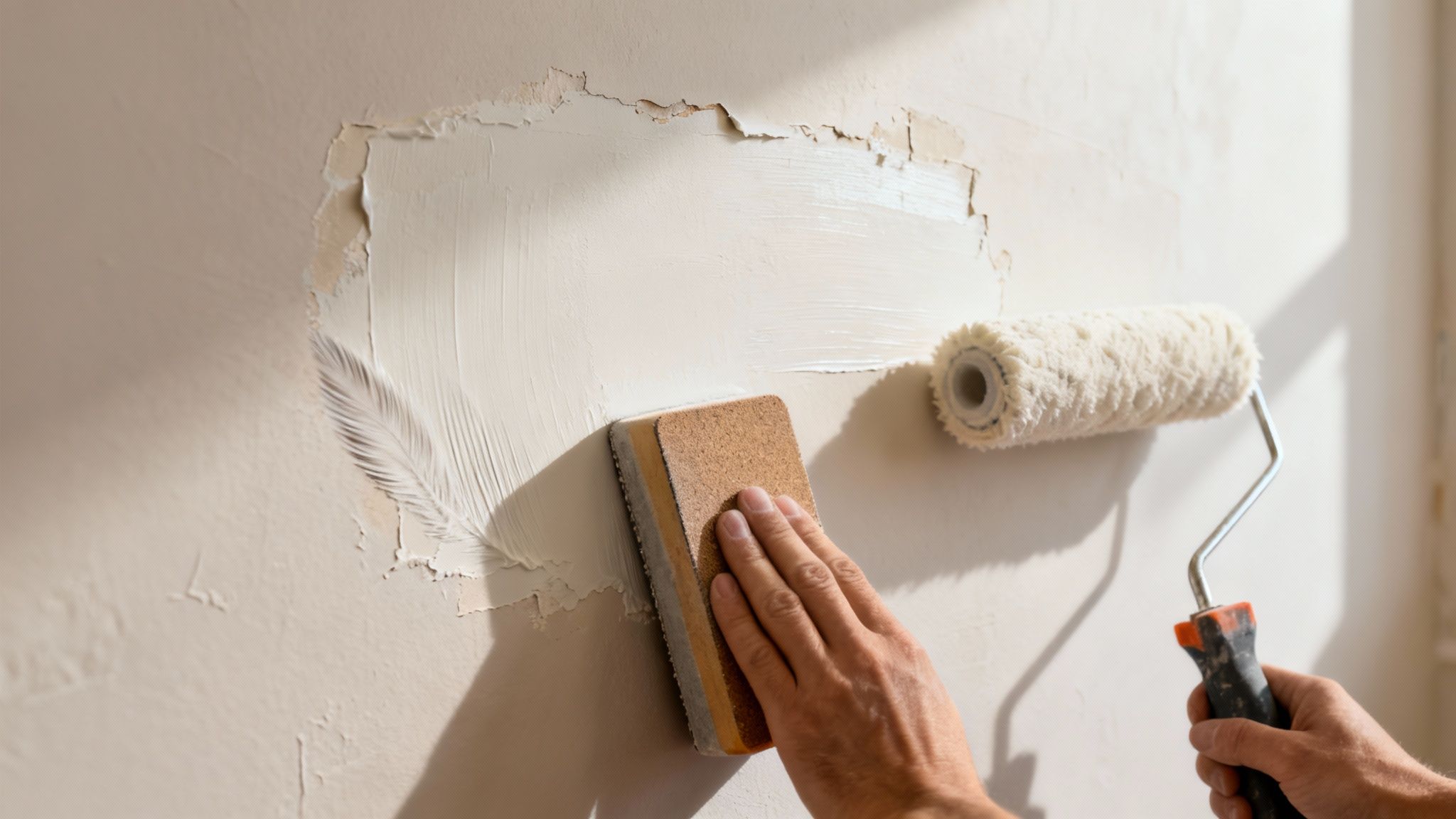 A person's hands are repairing a wall, sanding a patched area next to a paint roller.