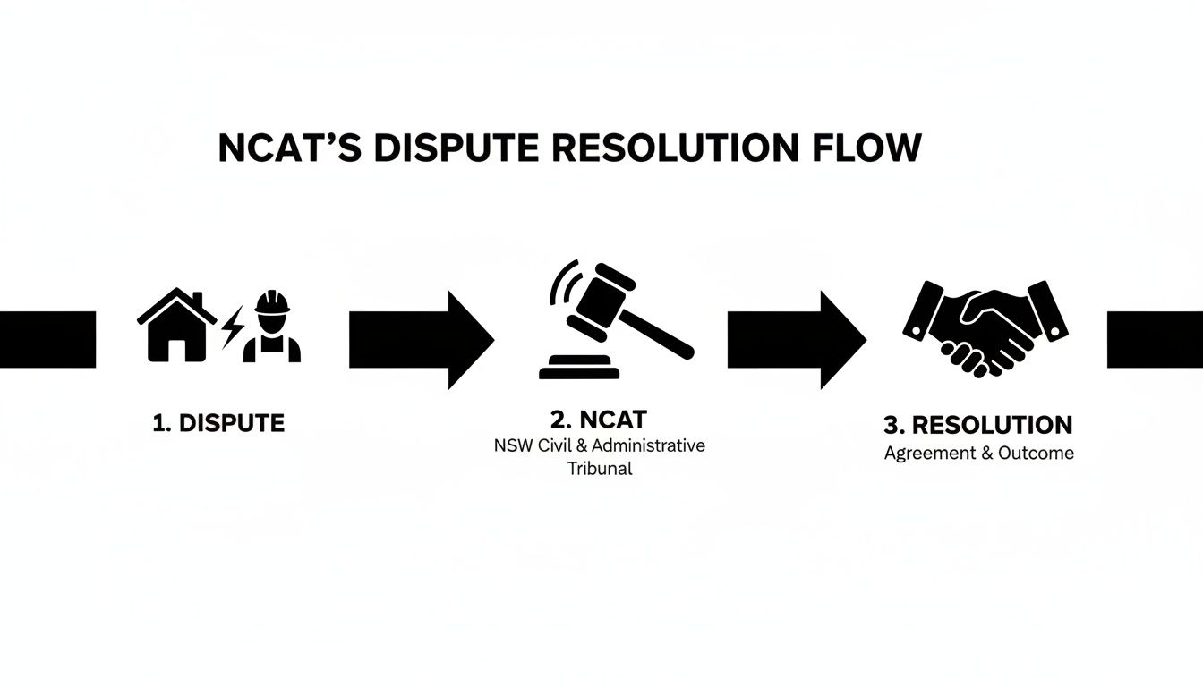 Flowchart illustrating NCAT's three-step dispute resolution process from initial dispute to final resolution.