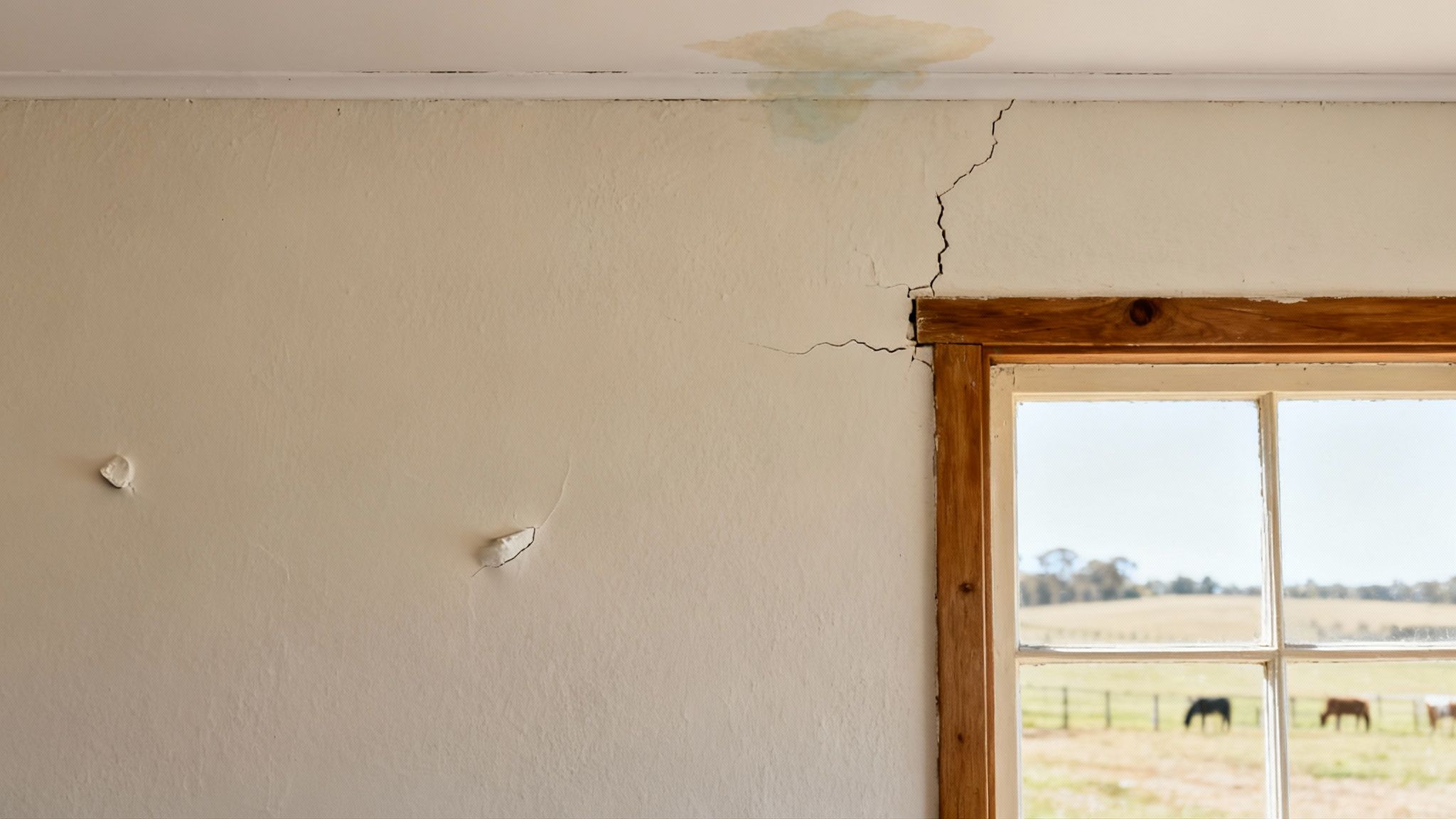 Interior wall and ceiling showing severe water damage, large cracks, and peeling paint near a window.