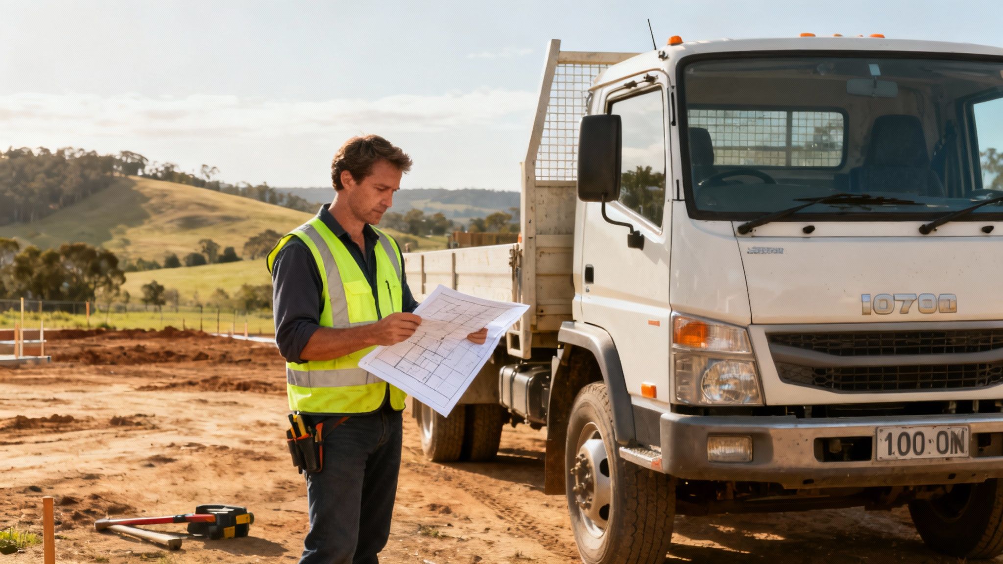 A serene rural property in New South Wales with a new home under construction, showing the landscape builders might encounter.