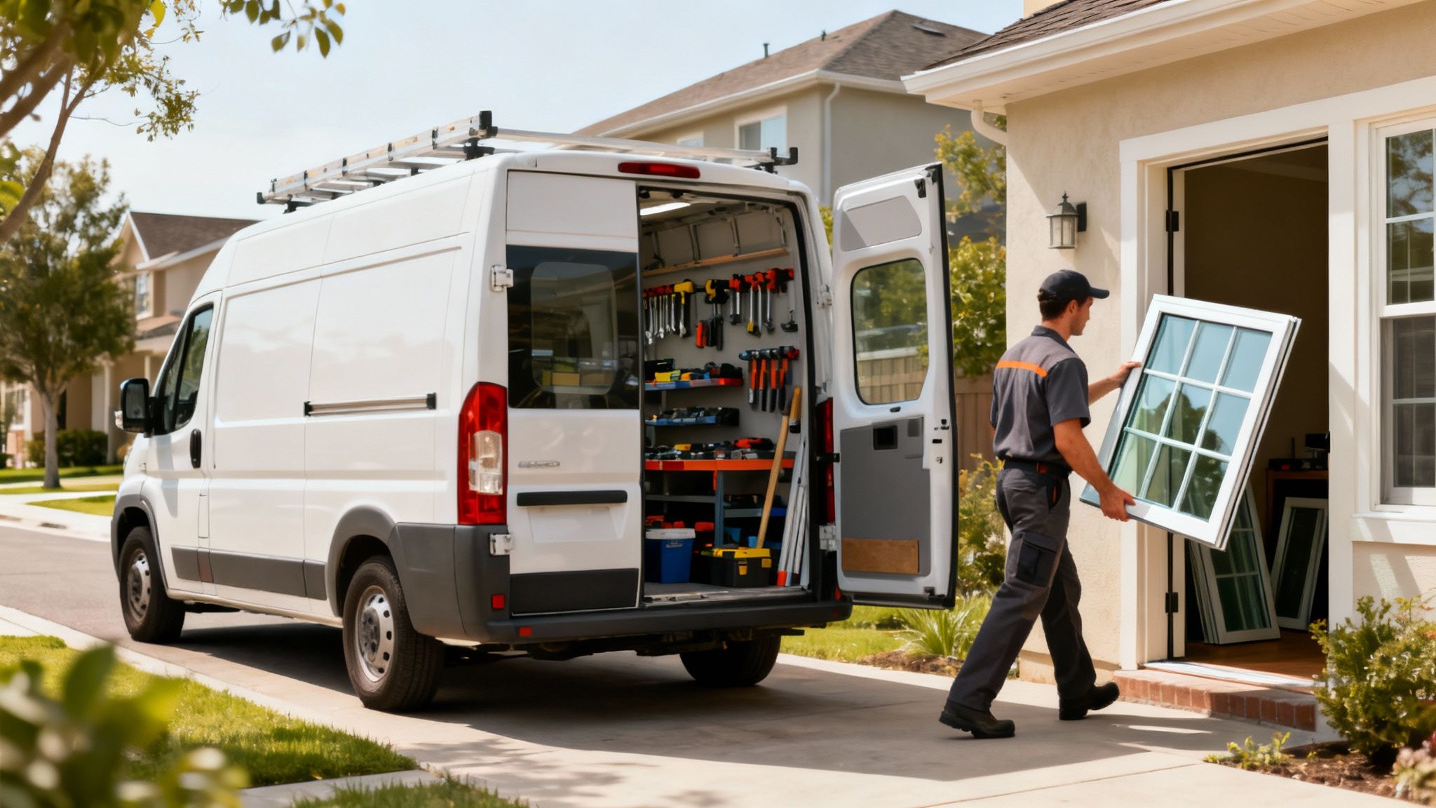 A service technician carries a new window into a house while a service van with tools is parked in the driveway.
