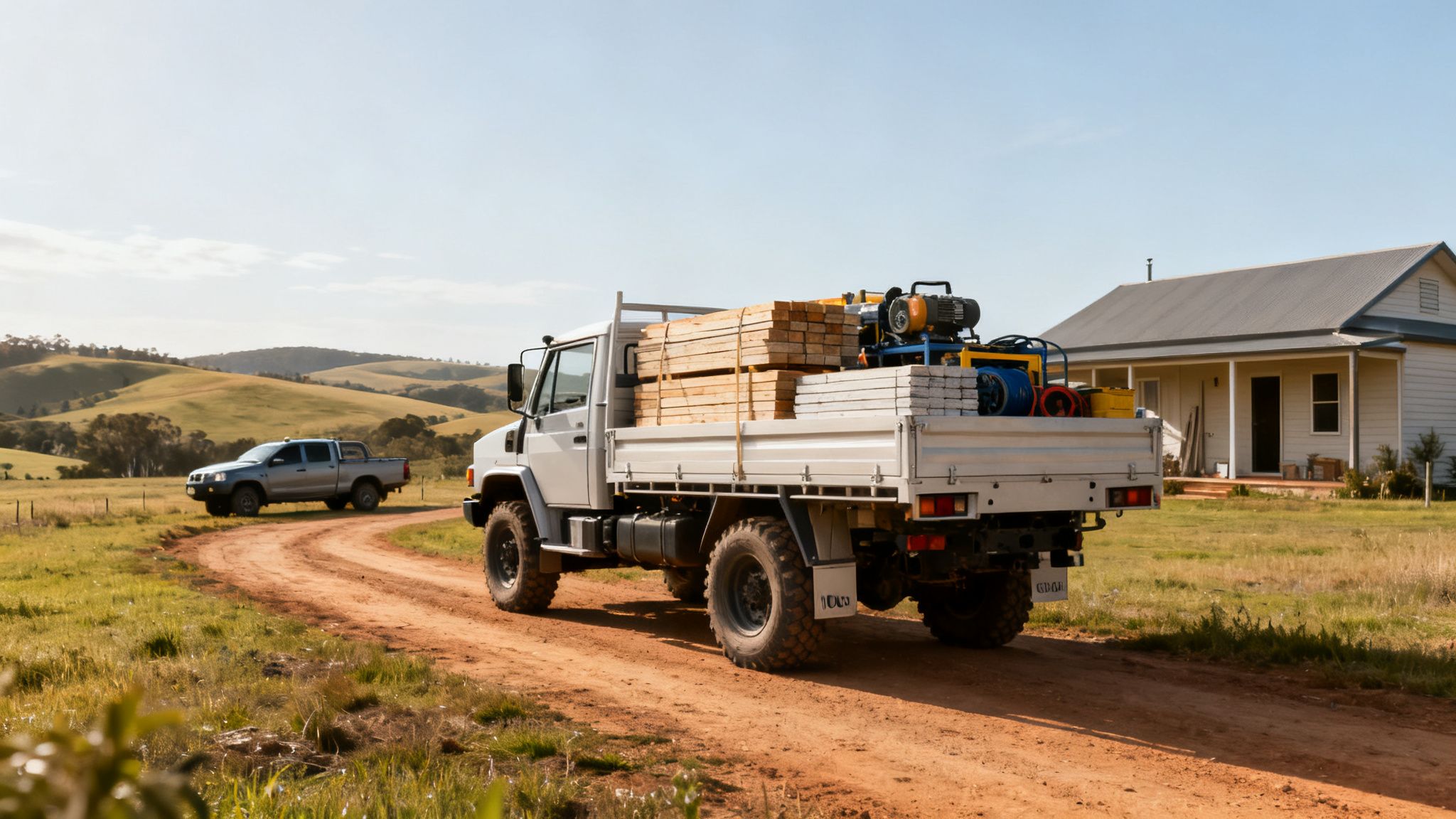 A white flatbed truck loaded with lumber and construction equipment on a dirt road leading to a house in a rural landscape.
