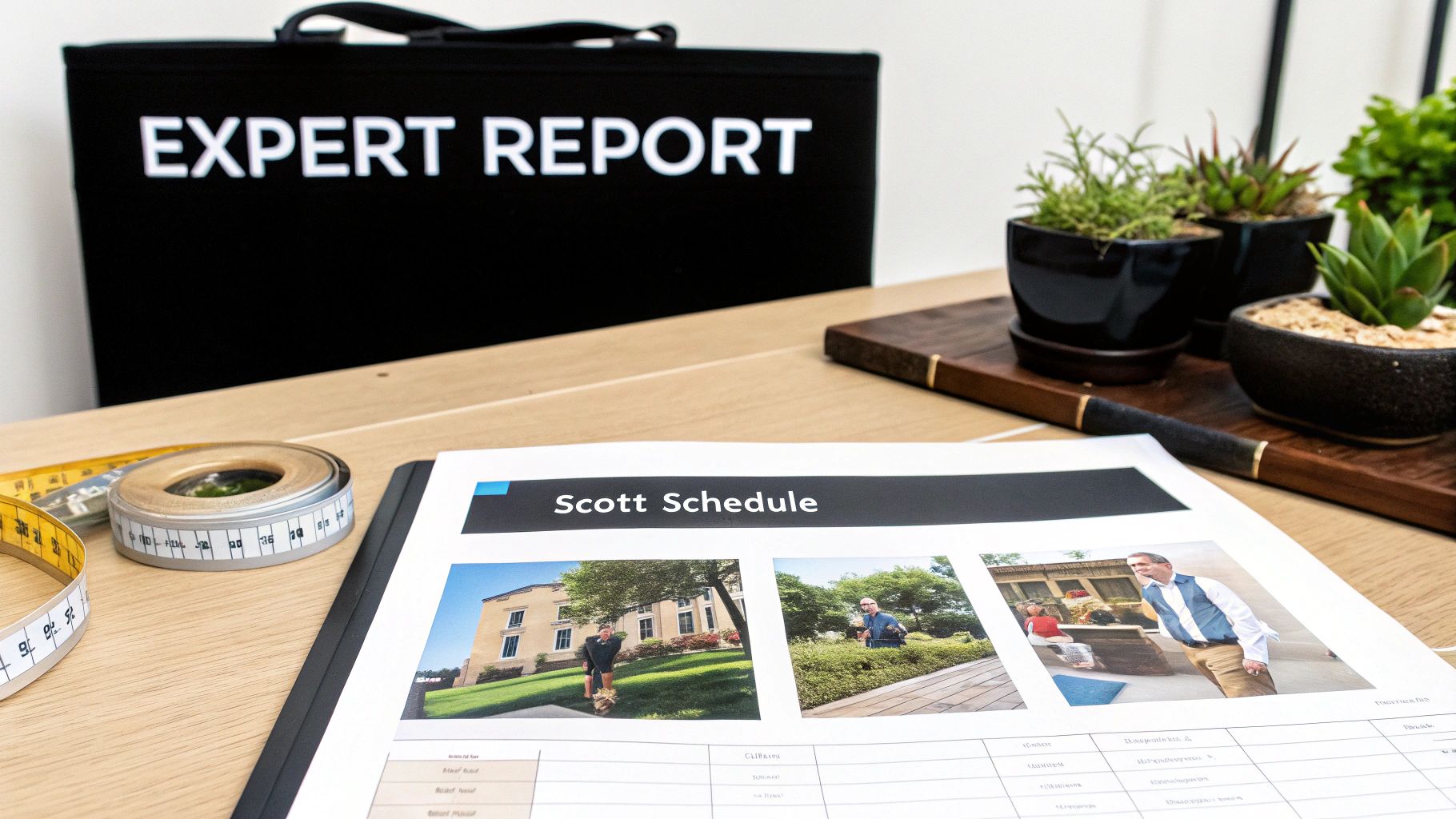 An "Expert Report" folder, "Scott Schedule" document, measuring tape, and potted plants on a desk.
