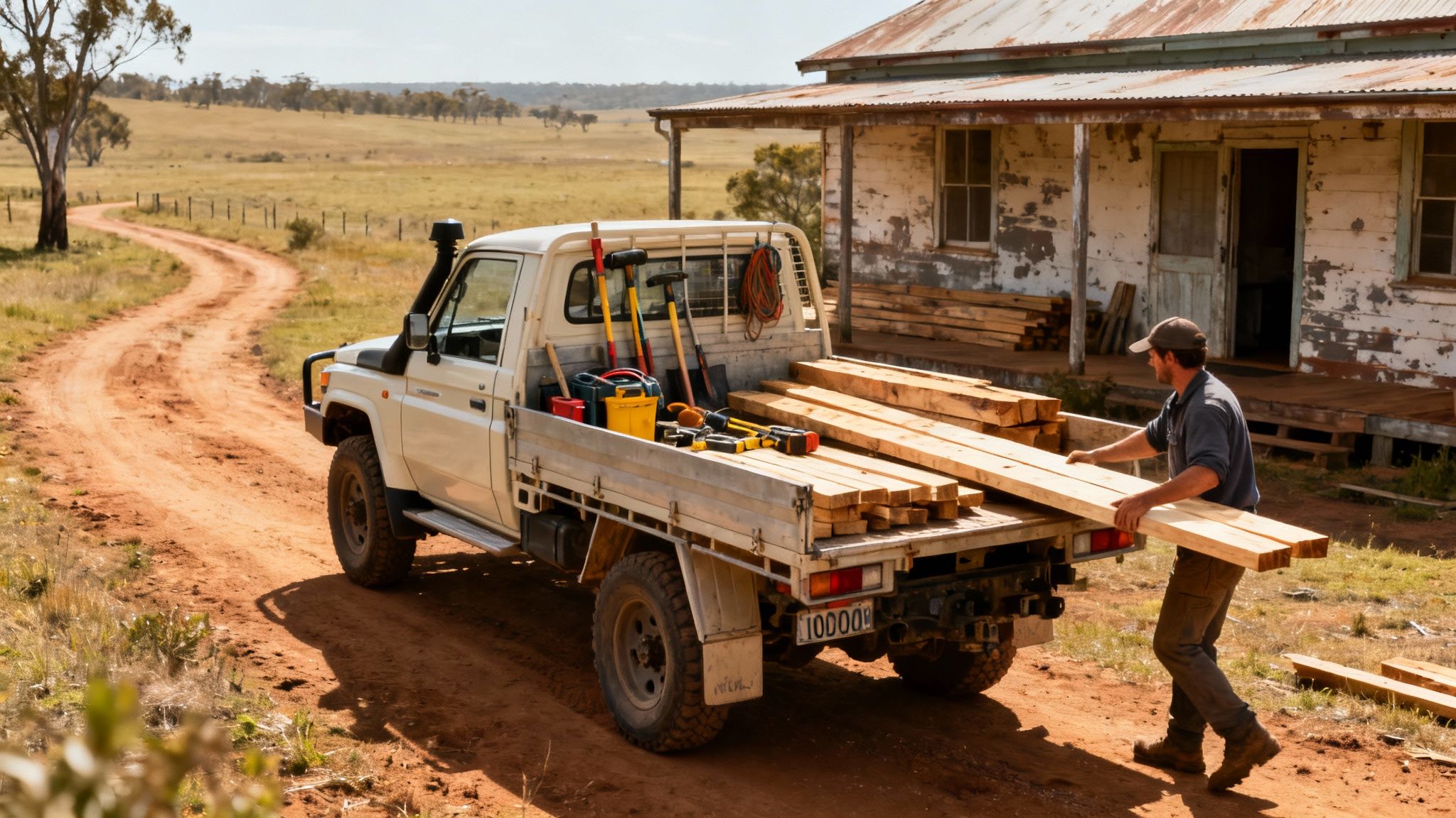 A man unloads timber planks from a white ute on a dirt road near an old house.