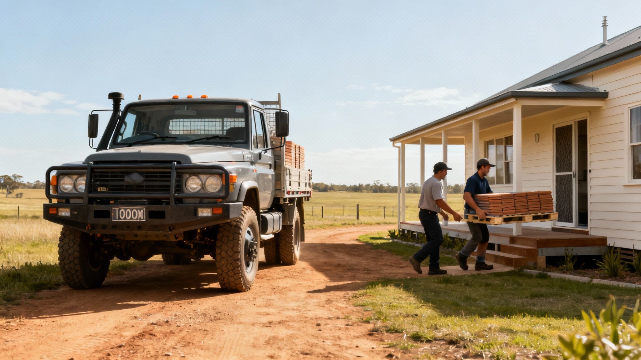 A modern bathroom with durable porcelain tiles and robust fixtures, ideal for a rural Tamworth property.
