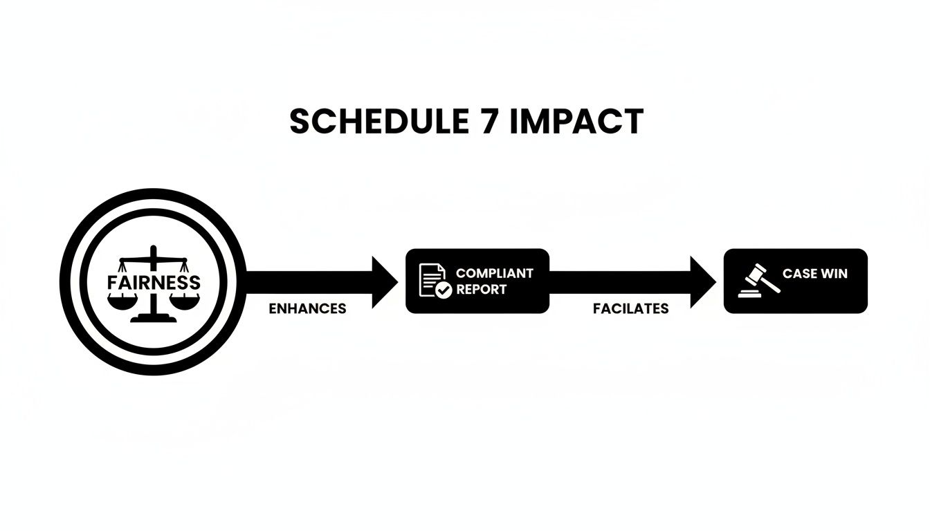 Flowchart illustrating Schedule 7 impact: fairness enhances compliant reports, which facilitates case wins.