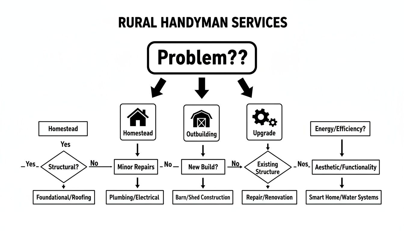A flowchart outlining rural handyman services, categorizing problems into homestead, outbuilding, and upgrade solutions.