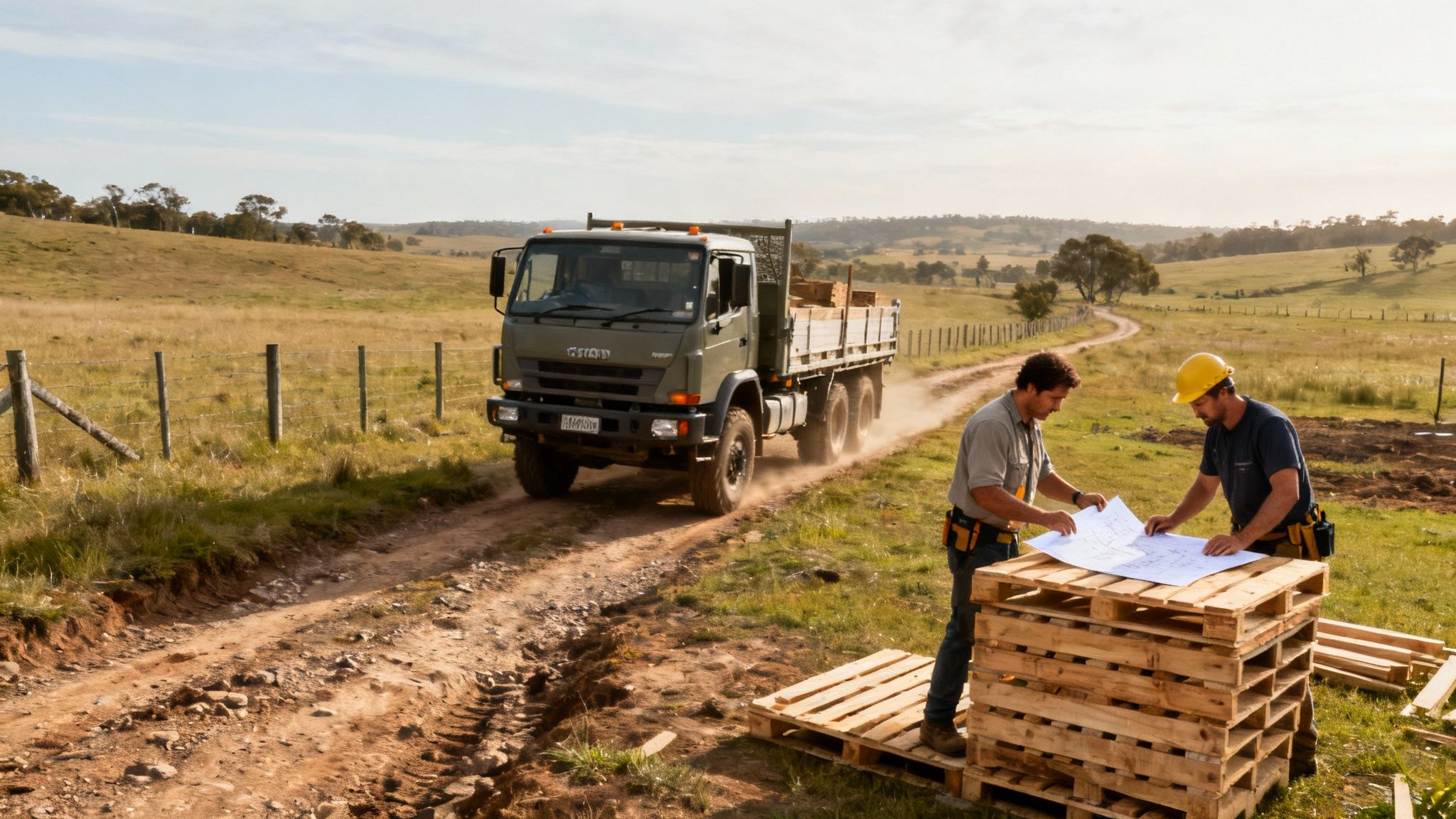 A 4x4 truck navigating a dirt road on a rural property in NSW, loaded with building materials.