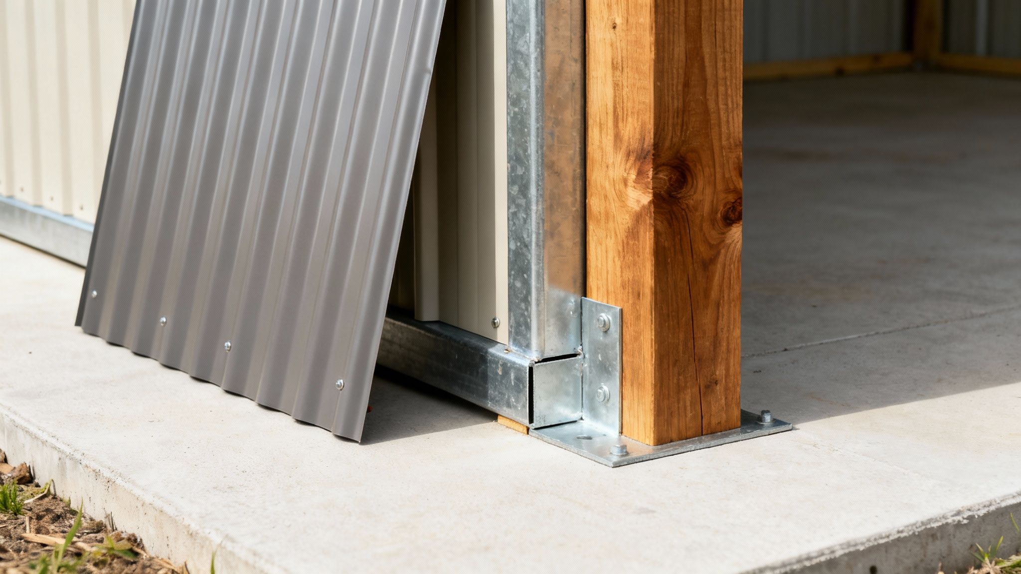 A corrugated metal panel leans against a shed frame with a wooden post on a concrete foundation.