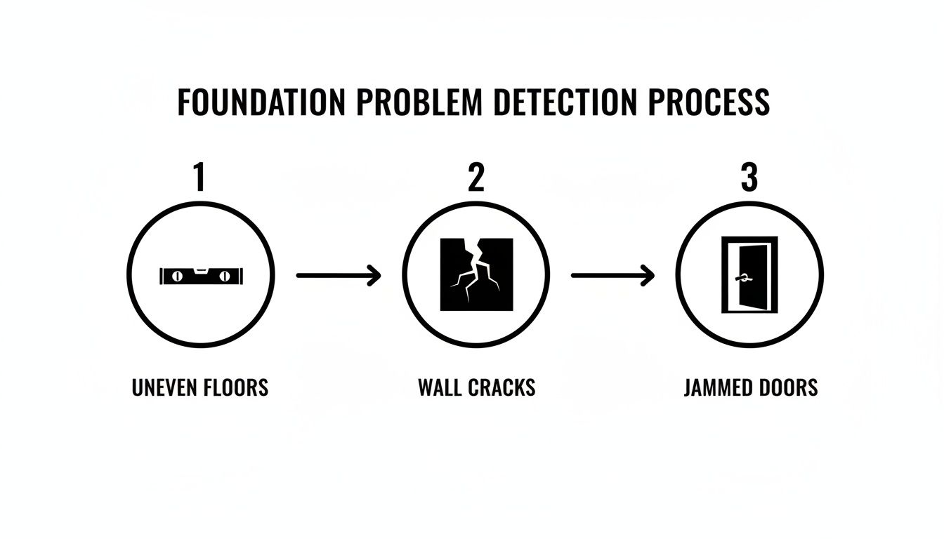Infographic showing a three-step foundation problem detection process: uneven floors, wall cracks, and jammed doors.