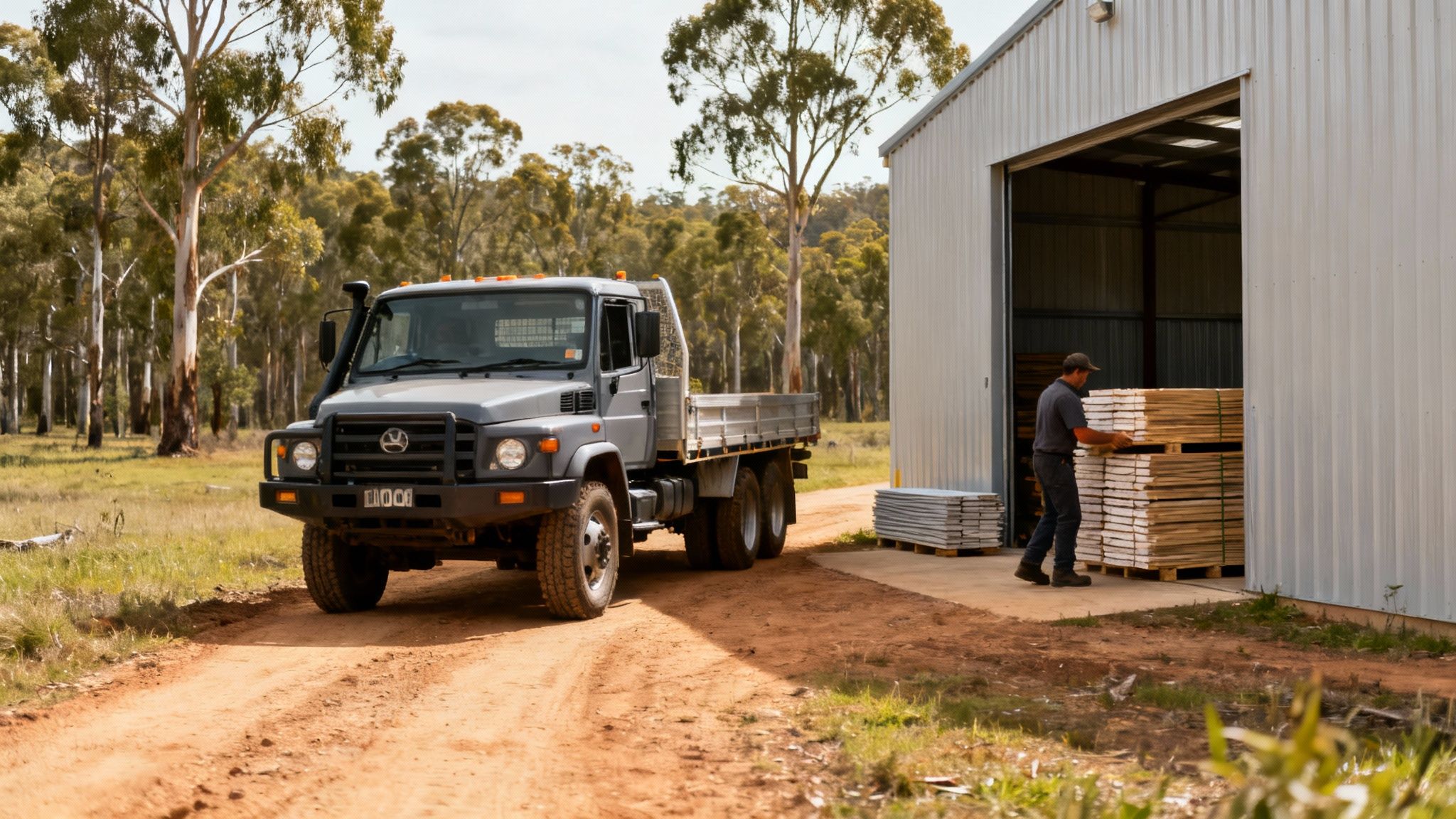 Delivery truck transporting building materials to rural warehouse shed for commercial property maintenance